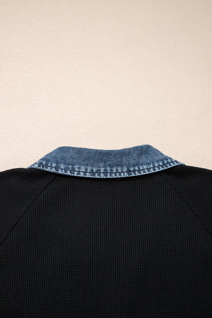 Plus Size Textured Contrast Denim Patchwork Polo Tee - Plus Size Clothing