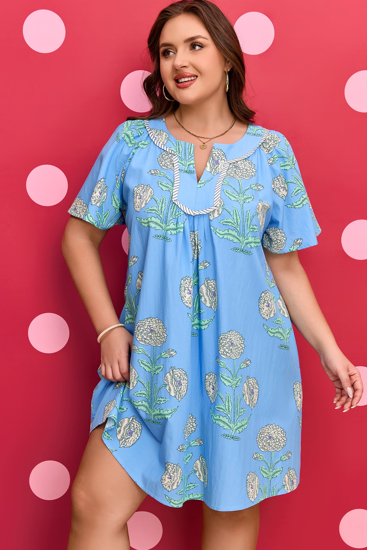 Plus Size Floral Split Neck Mini Dress Short Sleeve - Plus Size XL-4XL - View 6