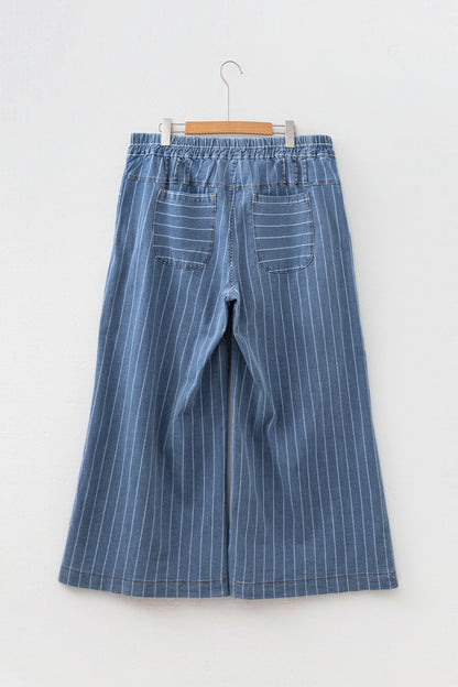Plus Size Striped Buttoned Wide Leg Denim Pants