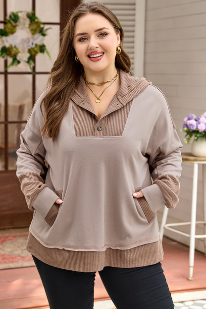 Plus Size Waffle Contrast Patchwork Pocketed Hoodie - Plus Size Clothing