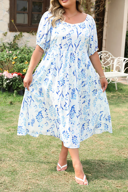 Plus Size Floral Print Sweetheart Neck Midi Dress