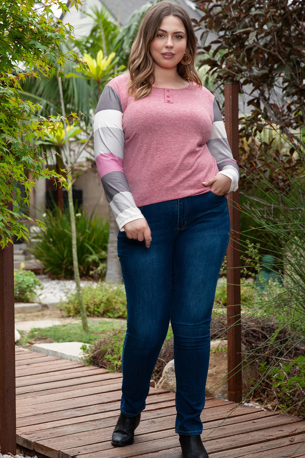 Plus Size Candy Striping Mock Henley Top