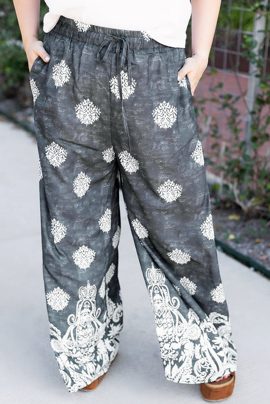 Black Plus Size Geometric Ethnic Print Drawstring Wide Leg Pants - Plus Size Clothing