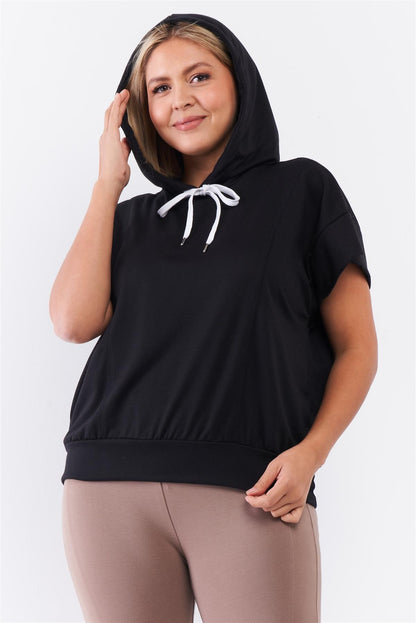 Black Short Wing Sleeve Relaxed Fit White Draw String Tie Hood Detail Top - Plus Size Clothing