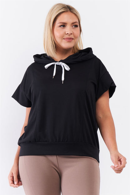 Black Short Wing Sleeve Relaxed Fit White Draw String Tie Hood Detail Top - Plus Size Clothing