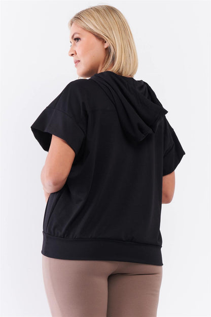 Black Short Wing Sleeve Relaxed Fit White Draw String Tie Hood Detail Top - Plus Size Clothing