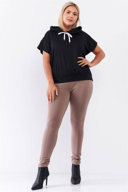 Black Short Wing Sleeve Relaxed Fit White Draw String Tie Hood Detail Top - Plus Size Clothing