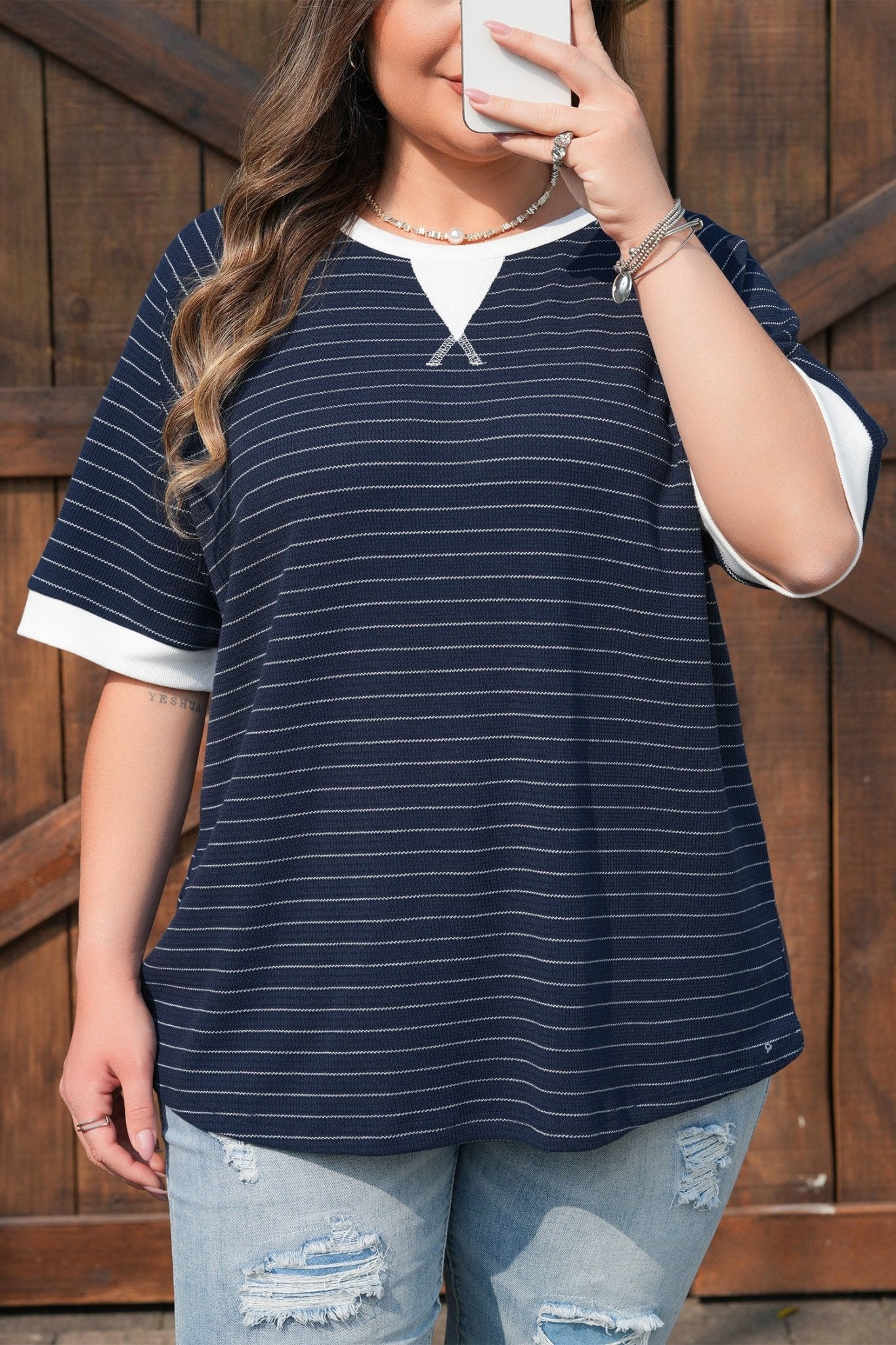 Plus Size Contrast Trim Ribbed T Shirt - Plus Size XL-4XL - View 6