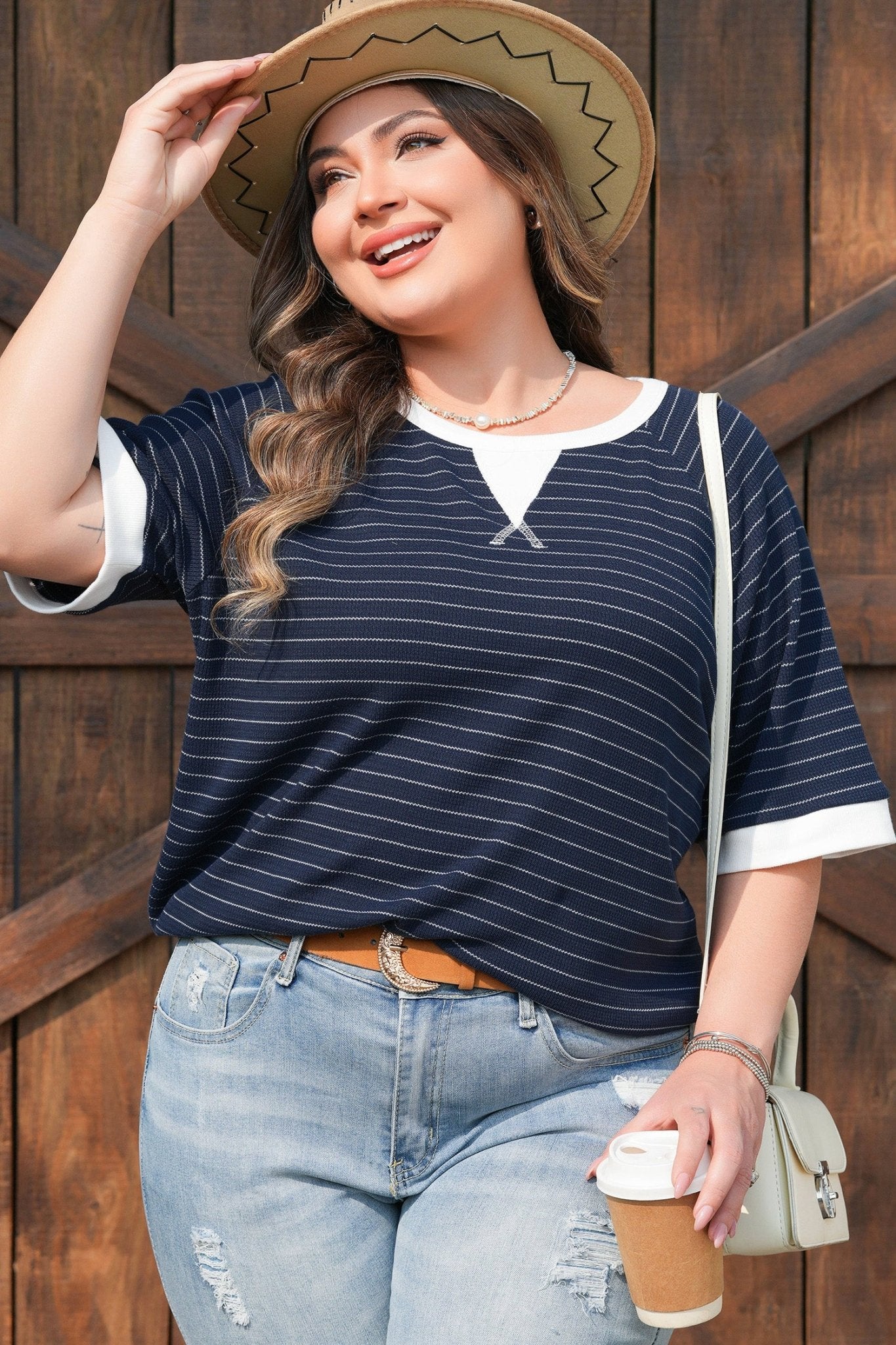 Plus Size Contrast Trim Ribbed T Shirt - Plus Size XL-4XL - View 3