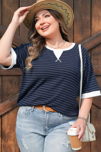 Plus Size Contrast Trim Ribbed T Shirt - Plus Size XL-4XL - View 3