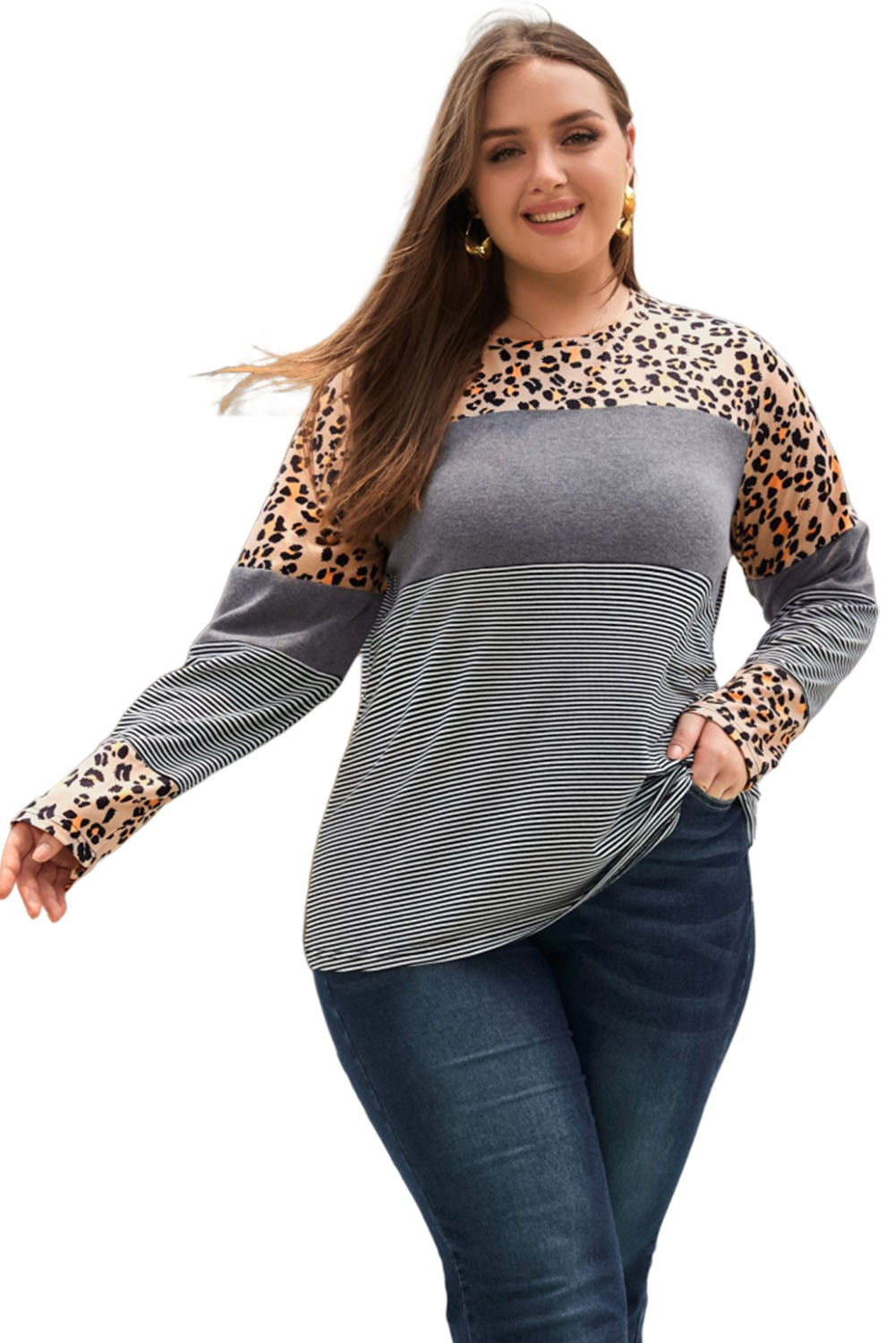 Plus Size Leopard Patchwork Long Sleeve Tee