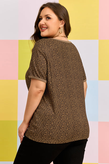 Plus Size Leopard Print Ribbed Trim Tee - Plus Size Clothing
