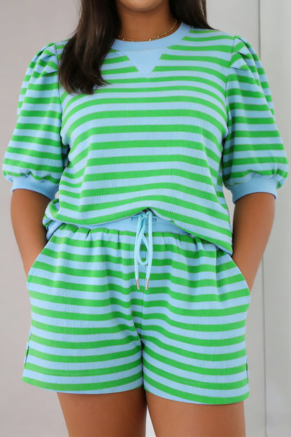 Plus Size Colorblock Puff Sleeve Top Shorts Set - Plus Size XL-4XL - View 8