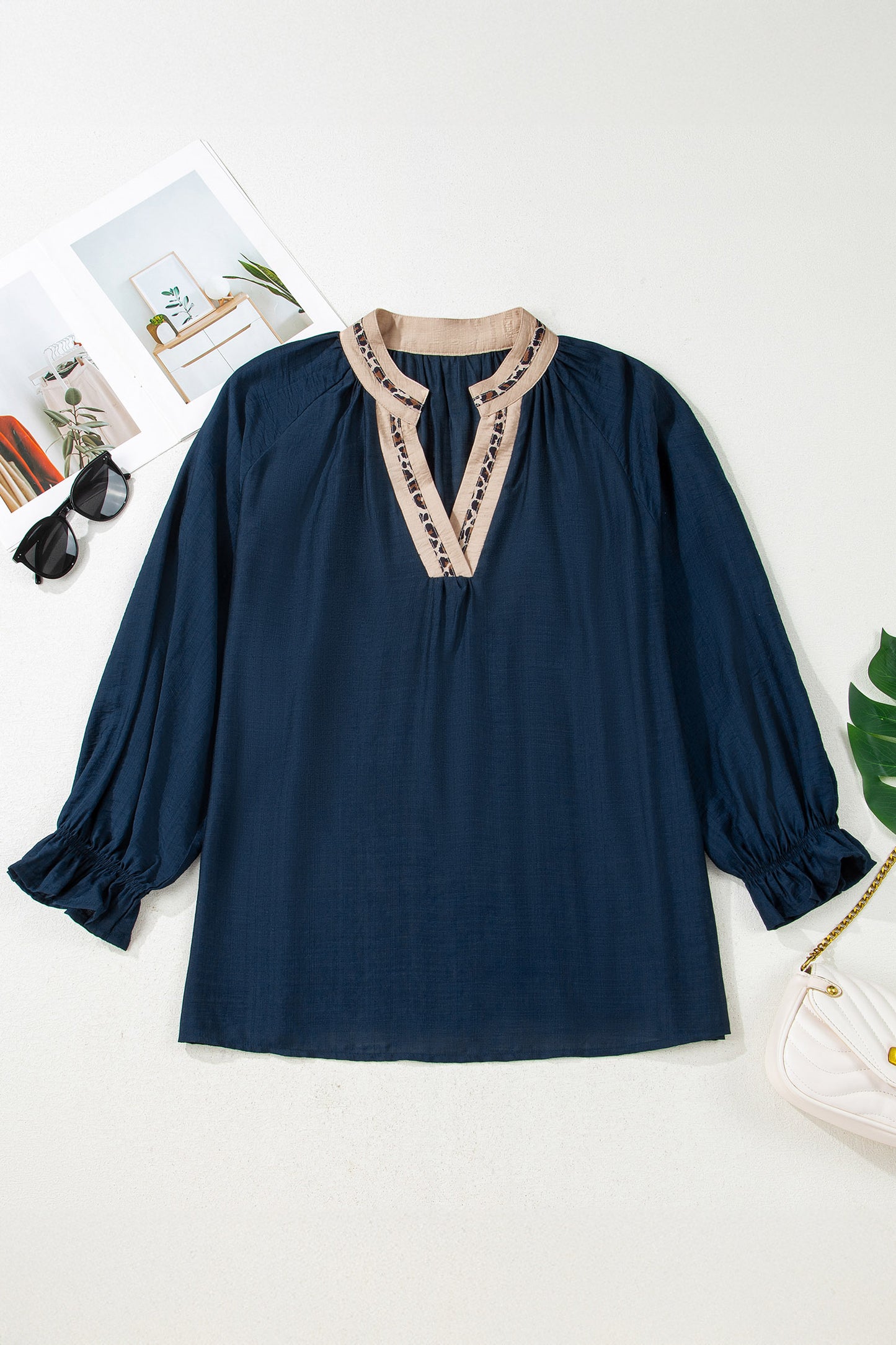 Plus Size Leopard Patchwork Collar Flounce Sleeve Blouse