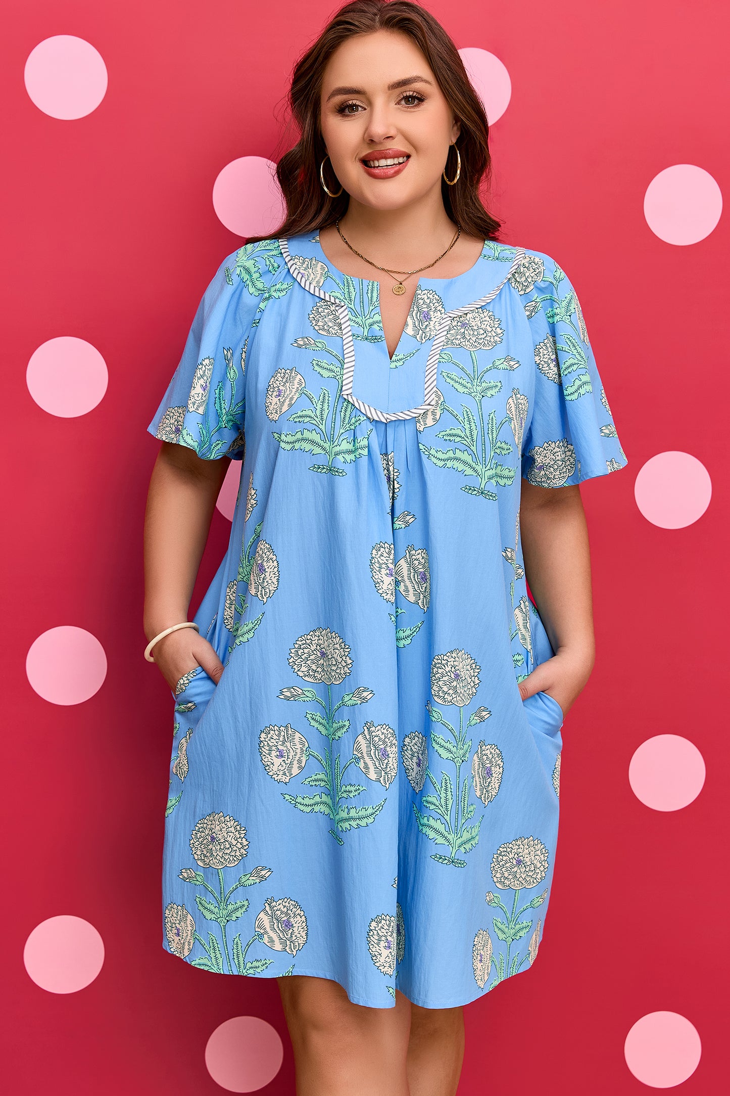 Plus Size Floral Split Neck Mini Dress Short Sleeve - Plus Size XL-4XL - View 5