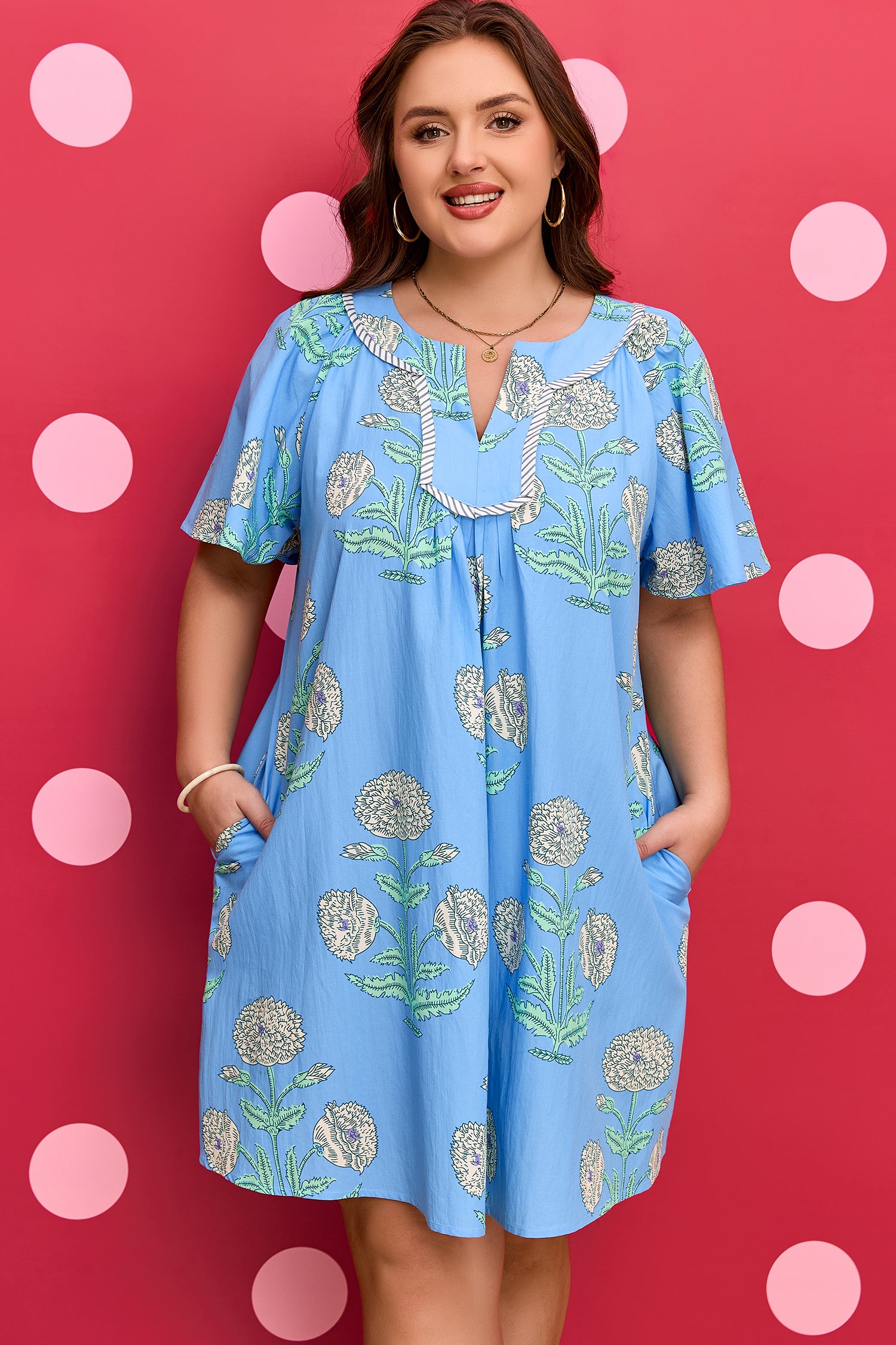 Plus Size Floral Split Neck Mini Dress Short Sleeve - Plus Size XL-4XL - View 5