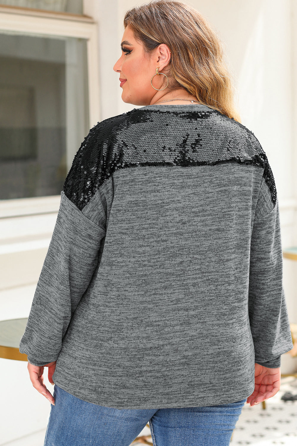 Plus Size Gray Sequin Patchwork Long Sleeve Top