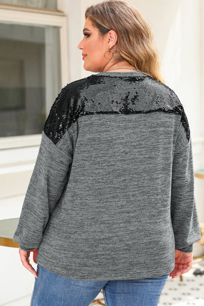 Plus Size Gray Sequin Patchwork Long Sleeve Top - Plus Size XL-4XL - View 2