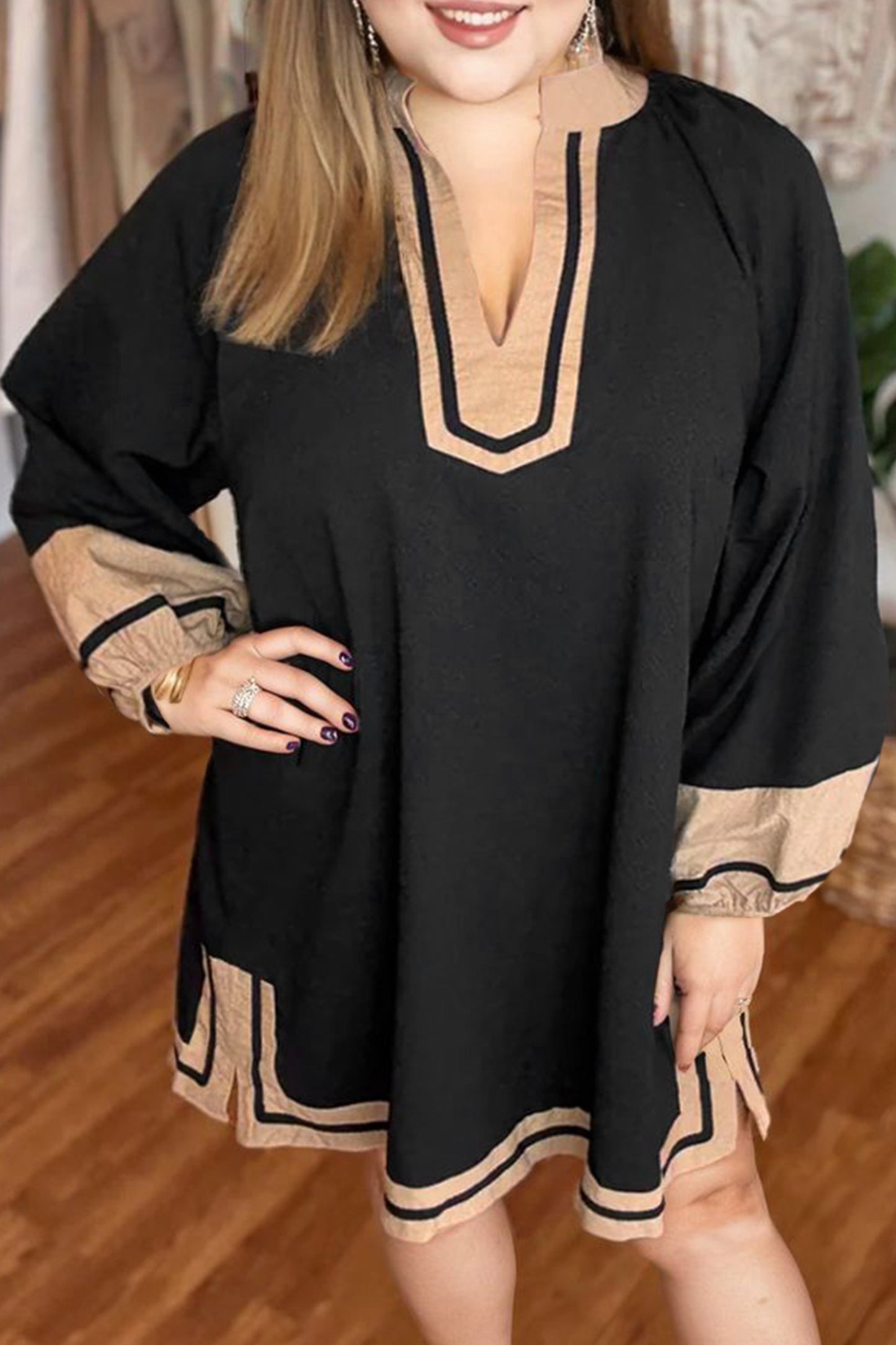 Plus Size Color Block Striped Trim V Neck Shift Mini Dress - Plus Size XL-4XL - View 1