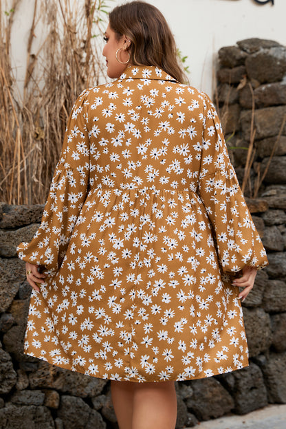 Plus Size Daisy Floral Split Neck Puff Sleeve Dress - Plus Size XL-4XL - View 2