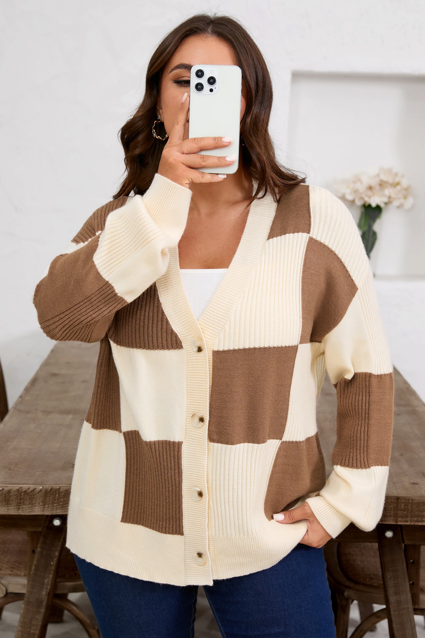 Plus Size Checkered Ribbed Knit Cardigan Sweater - Plus Size XL-4XL - View 5