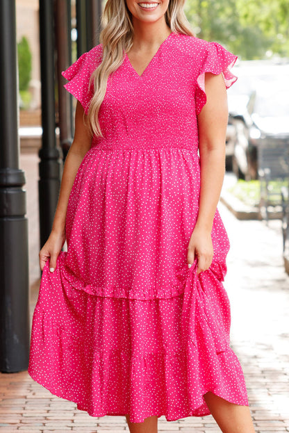 Plus Size Polka Dot Ruffled Smocked Midi Dress