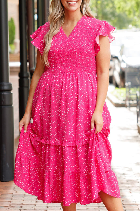 Plus Size Polka Dot Ruffled Smocked Midi Dress