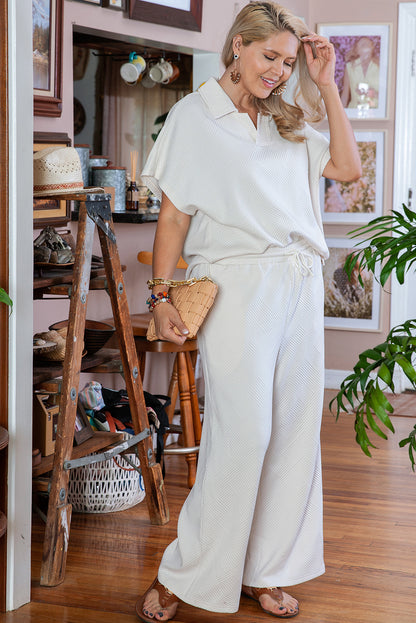 Plus Size Textured Collared Top and Pants Set