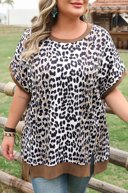Plus Size Leopard Contrast Trim Short Sleeve Top - Plus Size XL-4XL - View 7