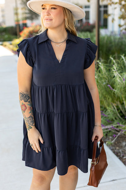 Plus Size Collared V Neck Flutter Sleeve Tiered Dress - Plus Size XL-4XL - View 1
