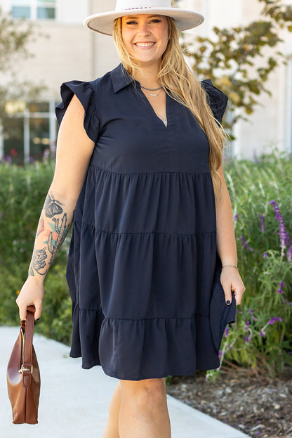 Plus Size Collared V Neck Flutter Sleeve Tiered Dress - Plus Size XL-4XL - View 3