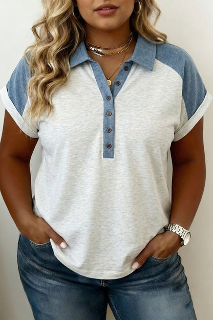 Plus Size Contrast Denim Patchwork Polo - Plus Size XL-4XL - View 8