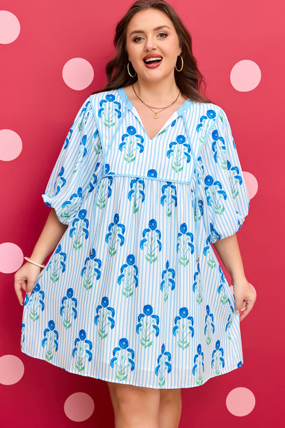 Plus Size Floral Striped Bubble Sleeve Dress - Plus Size XL-4XL - View 7