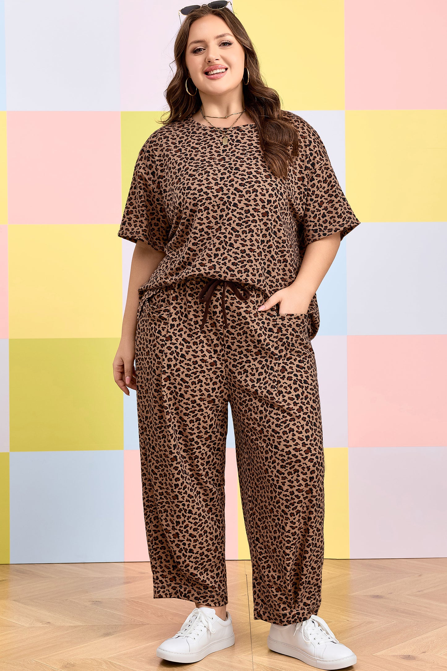 Plus Size Leopard Loose Top Pleated Pants Set - Plus Size XL-4XL - View 7