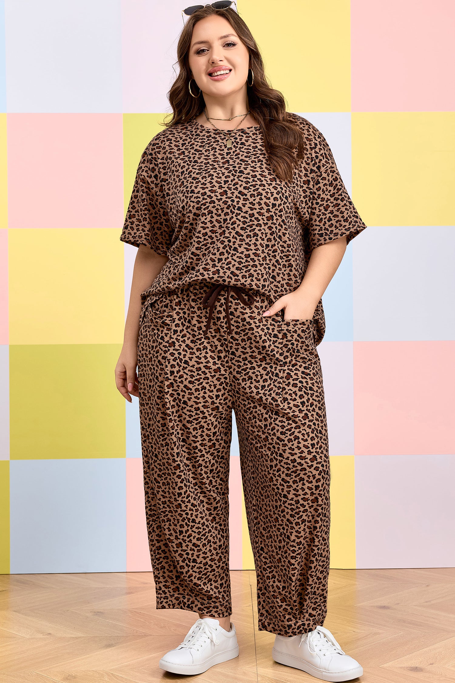 Plus Size Leopard Loose Top Pleated Pants Set - Plus Size XL-4XL - View 7