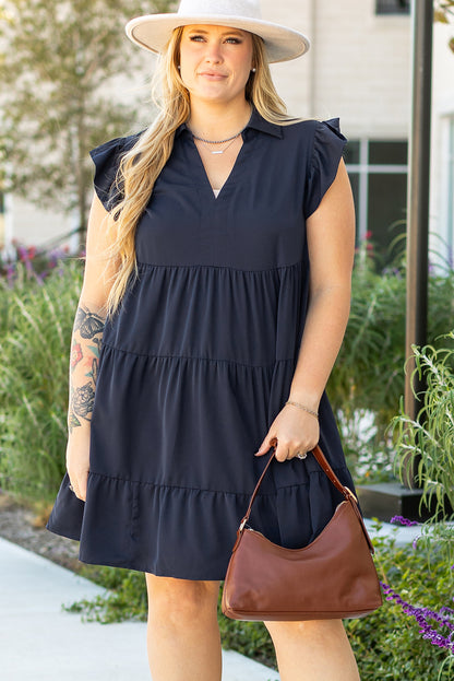 Plus Size Collared V Neck Flutter Sleeve Tiered Dress - Plus Size XL-4XL - View 6