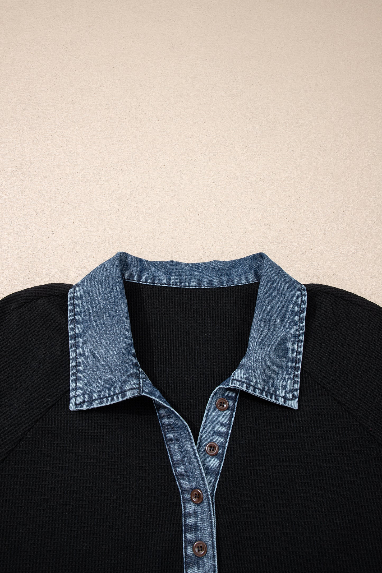 Plus Size Textured Contrast Denim Patchwork Polo Tee