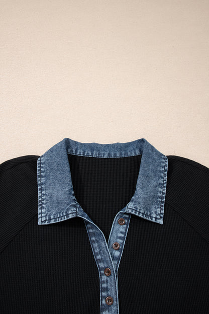 Plus Size Textured Contrast Denim Patchwork Polo Tee - Plus Size Clothing