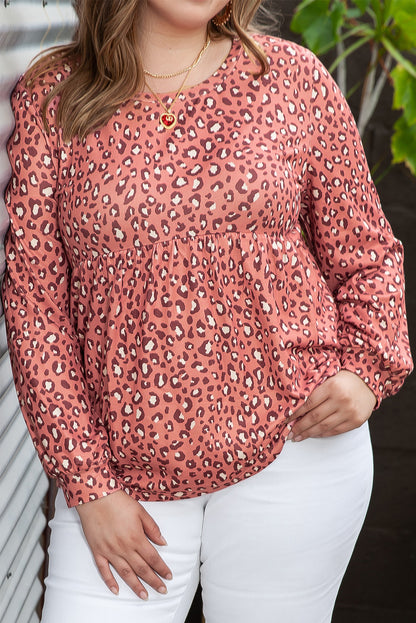 Plus Size Leopard Print Ruffled Long Sleeve Blouse