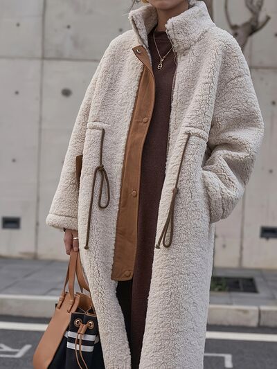 Plus Size Drawstring Zip Up Turtleneck Sherpa Coat - Plus Size XL-4XL - View 3