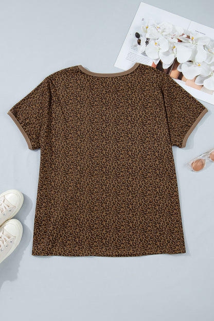 Plus Size Leopard Print Ribbed Trim Tee - Plus Size Clothing