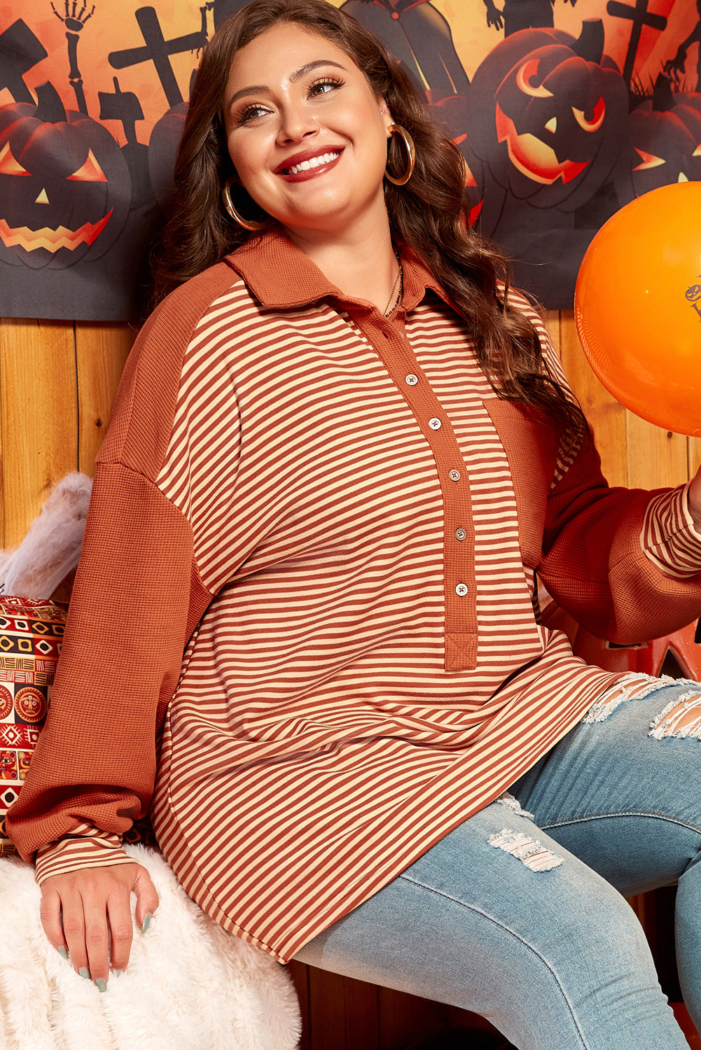 Plus Size Striped Textured Patched Drop Shoulder Buttoned Sweatshirt - Plus Size XL-4XL - View 4