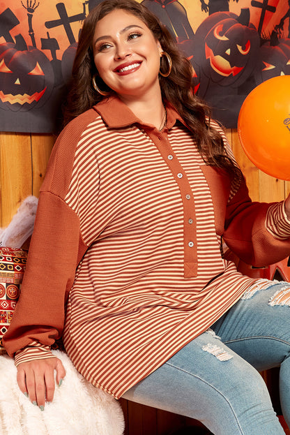 Plus Size Striped Textured Patched Drop Shoulder Buttoned Sweatshirt - Plus Size XL-4XL - View 4