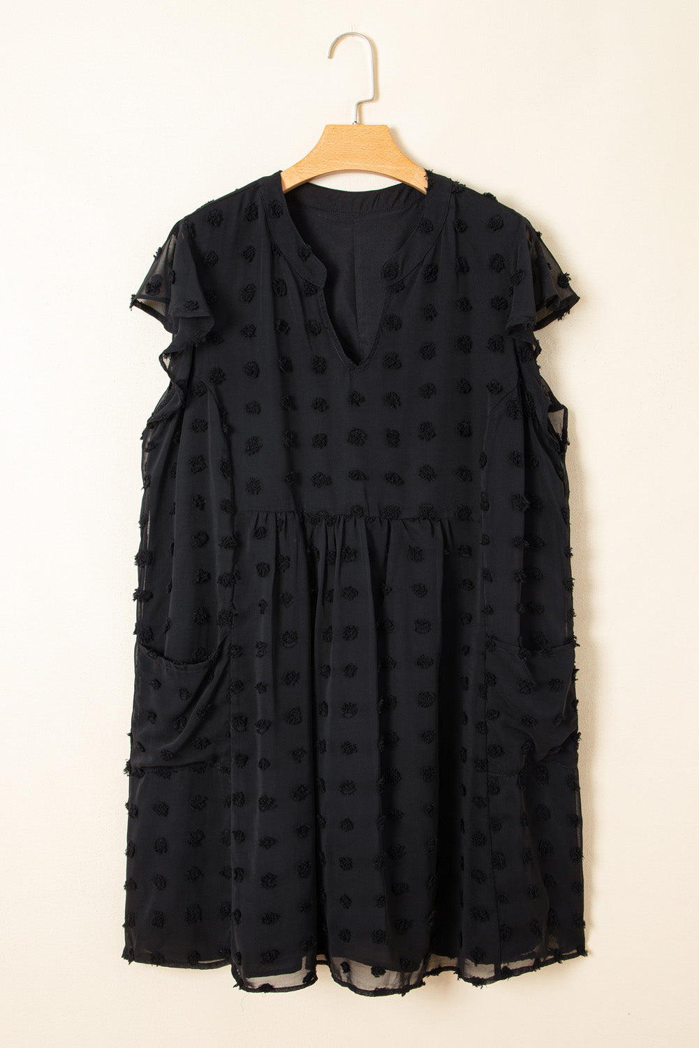 Plus Size Dotty Textured Notched Neck Ruffled Dress