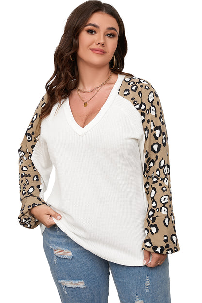 Plus Size Leopard Print Waffle Knit Long Sleeve Top