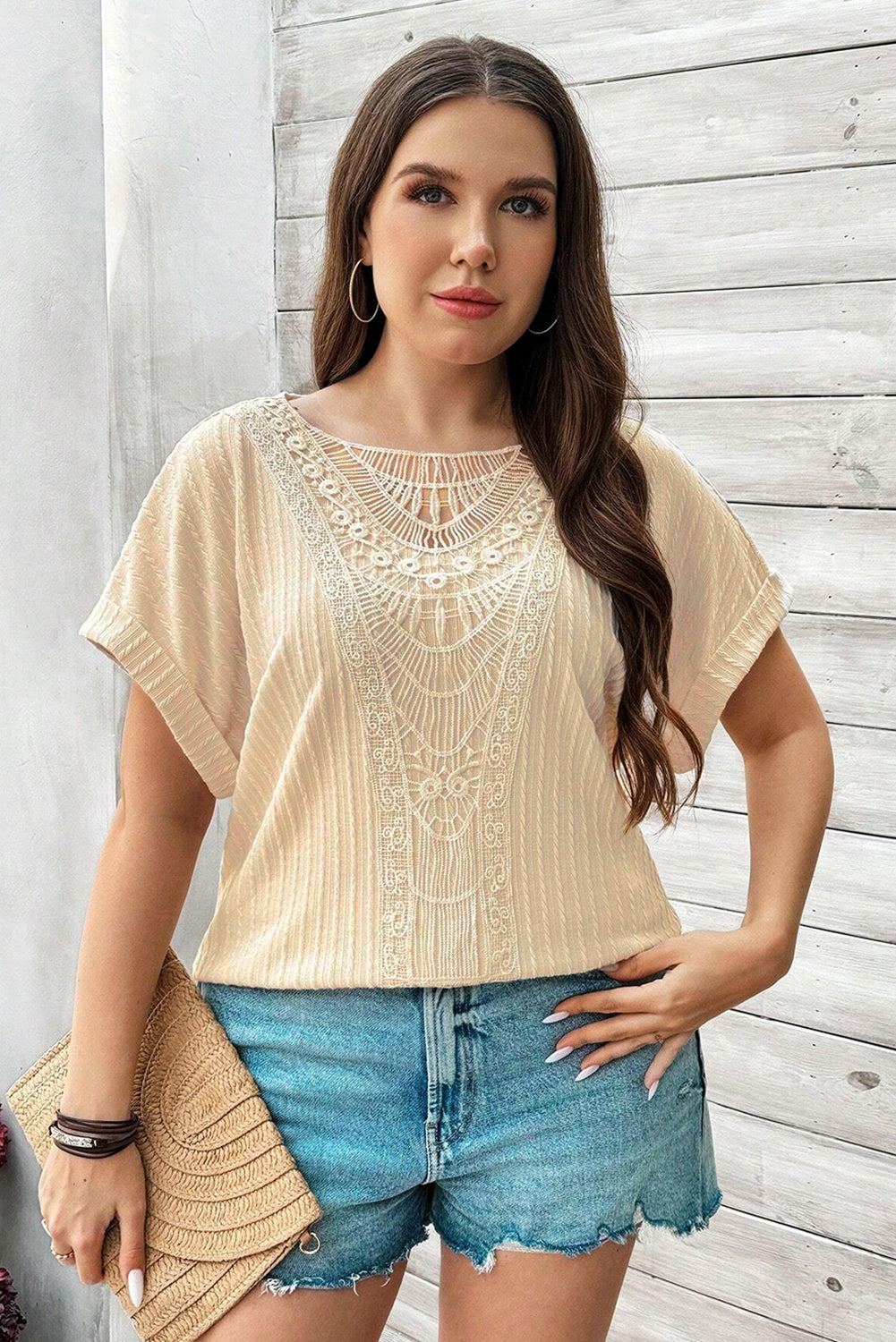 Plus Size Lace Crochet Cable Knit Cuffed Sleeve Top - Plus Size XL-4XL - View 4