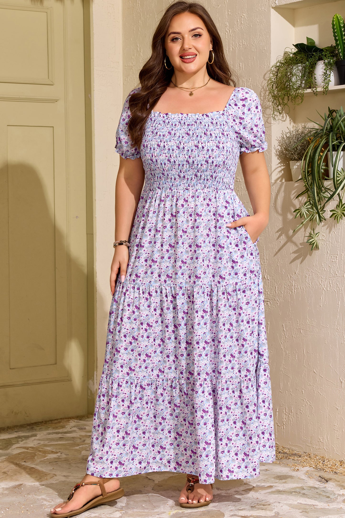 Plus Size Floral Print Square Neck Smocked Maxi Dress - Plus Size XL-4XL - View 4