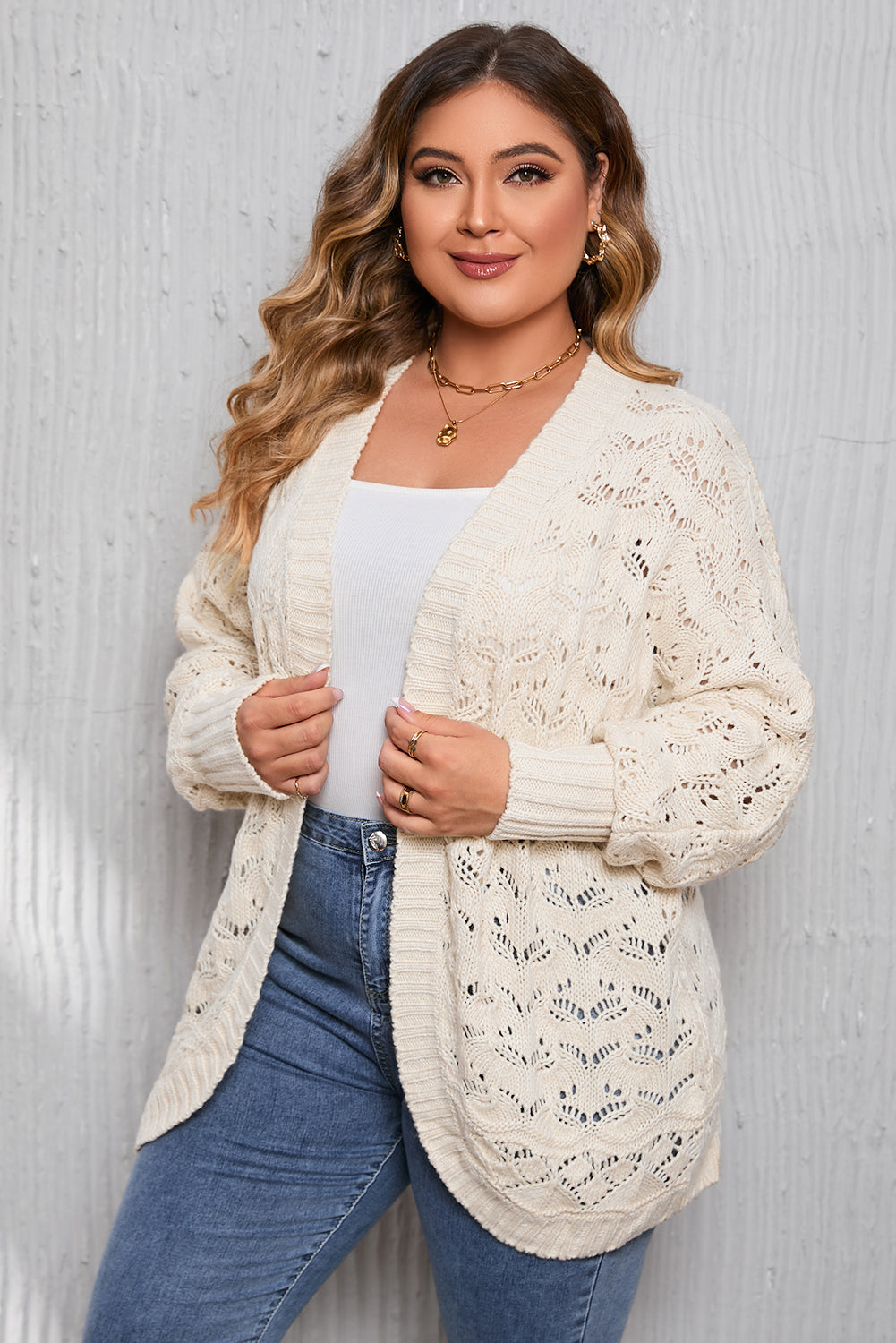 Plus Size Textured Knit Open Cardigan