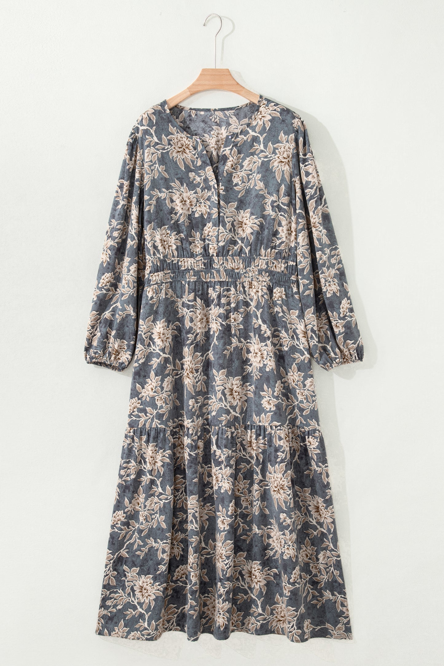 Plus Size Floral Split Neck Shirred High Waist Maxi Dress