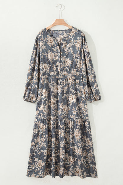 Plus Size Floral Split Neck Shirred High Waist Maxi Dress